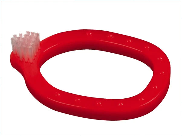 Red Infant-O-Toothbrush for kids by Miradent, featuring soft bristles and ergonomic handle for gentle oral care.