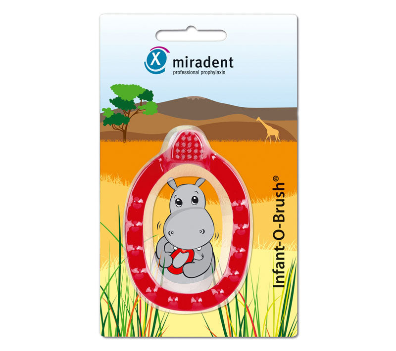 Red Infant-O-Toothbrush by Miradent, a kid's toothbrush with soft bristles designed for infants' delicate gums.