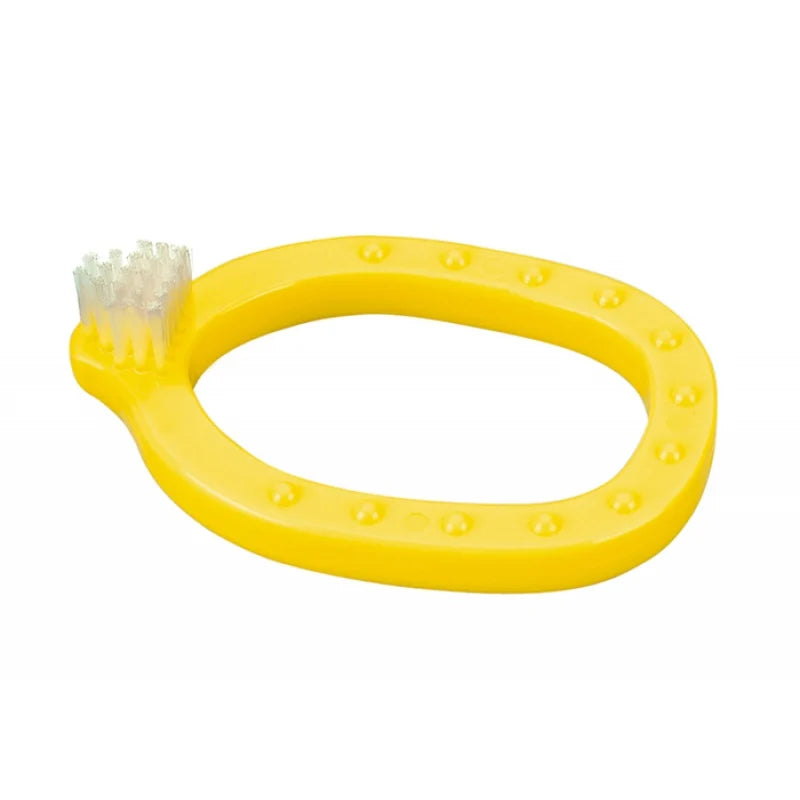 Yellow infant kid's toothbrush by Miradent with soft bristles, designed for gentle oral care for babies.