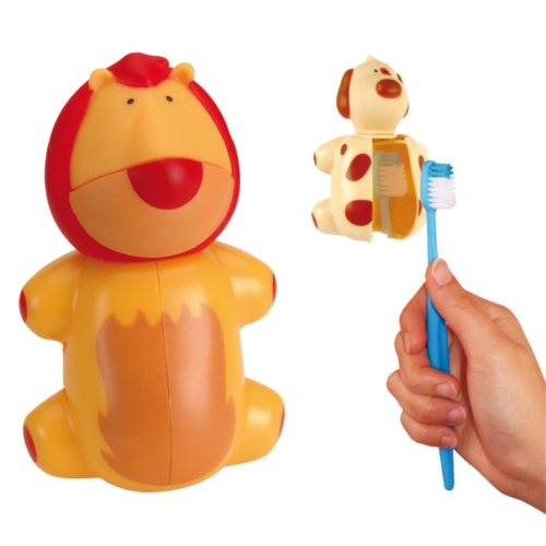 Funny lion-shaped toothbrush holder by Miradent, featuring a playful animal design for bathroom organization.