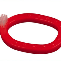 Red Infant-O-Toothbrush for kids by Miradent, featuring soft bristles and ergonomic handle for gentle oral care.