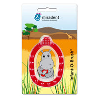 Red Infant-O-Toothbrush by Miradent, a kid's toothbrush with soft bristles designed for infants' delicate gums.