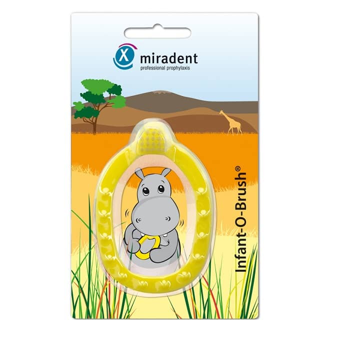 Yellow infant kid's toothbrush by Miradent with soft bristles designed for gentle oral care for babies.