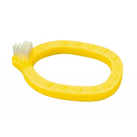 Yellow infant kid's toothbrush by Miradent with soft bristles, designed for gentle oral care for babies.