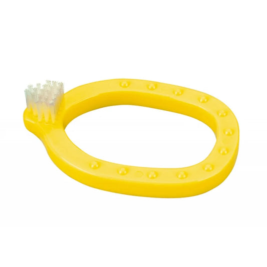 Yellow infant kid's toothbrush by Miradent with soft bristles, designed for gentle oral care for babies.