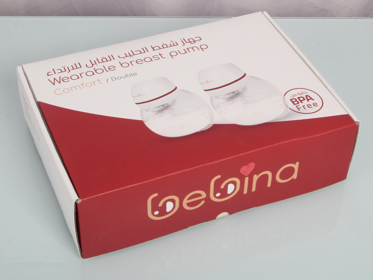 Bebina wearable electric breast pump shown in a portable design, designed for comfortable hands-free breastfeeding.